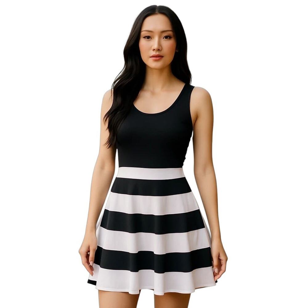 VTG Express Black & White Striped Fit Flare dress Office preppy XS